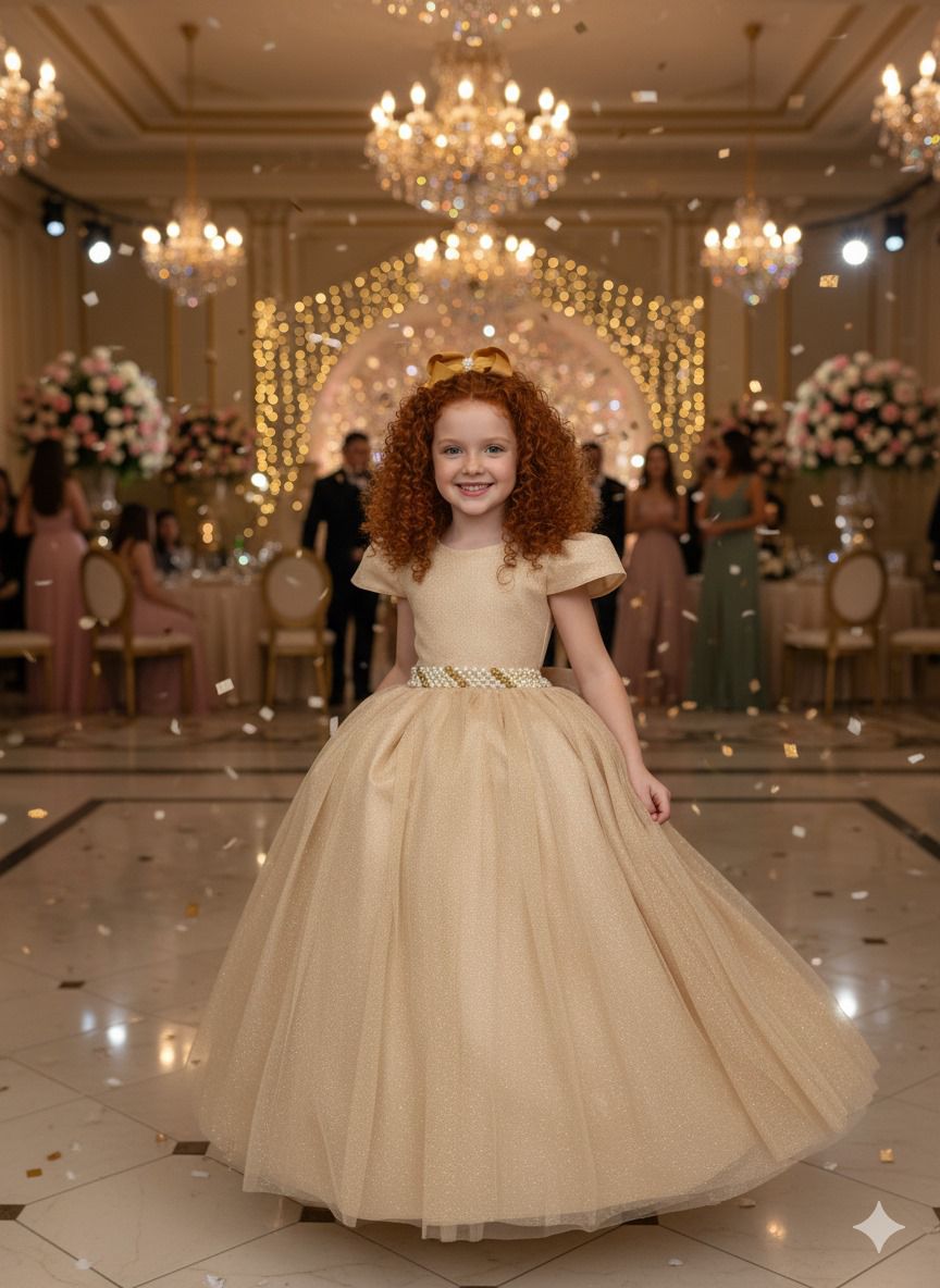 Vestido Heloísa Dourado em Tule com Brilho para Daminhas e Ocasiões Especiais