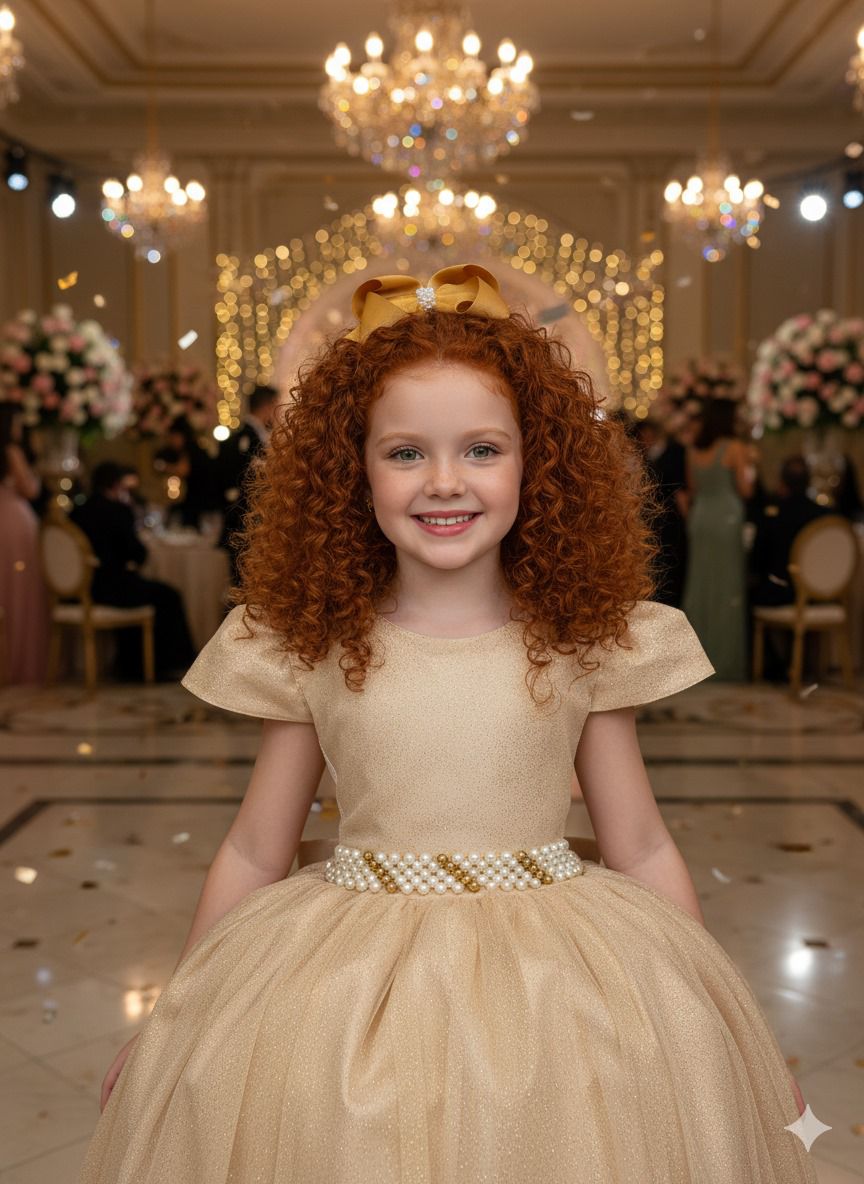 Vestido Heloísa Dourado em Tule com Brilho para Daminhas e Ocasiões Especiais