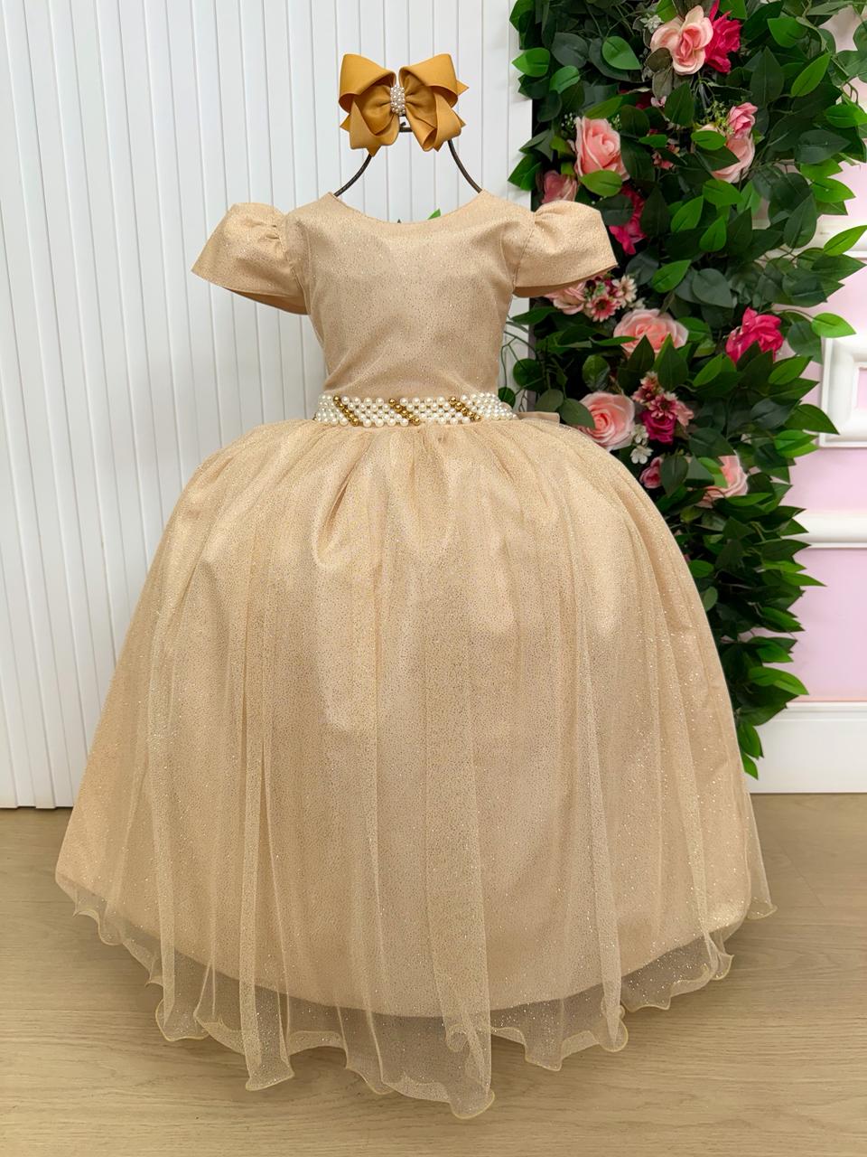 Vestido Heloísa Dourado em Tule com Brilho para Daminhas e Ocasiões Especiais