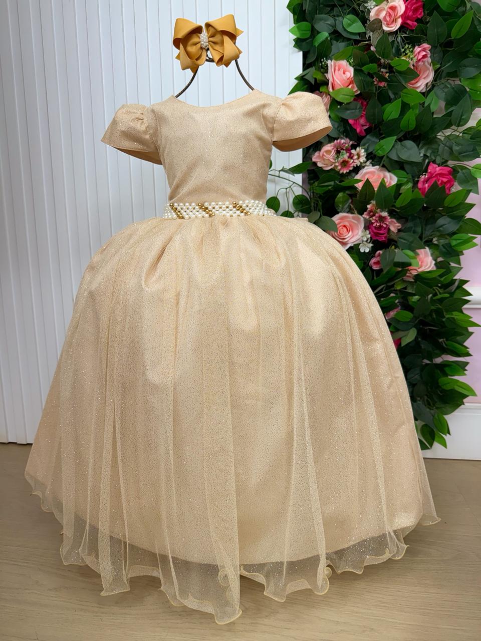 Vestido Heloísa Dourado em Tule com Brilho para Daminhas e Ocasiões Especiais