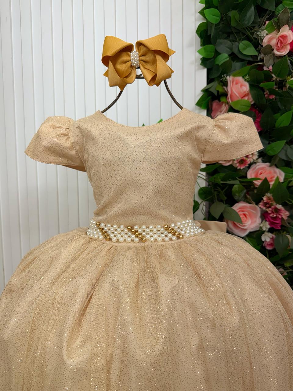 Vestido Heloísa Dourado em Tule com Brilho para Daminhas e Ocasiões Especiais