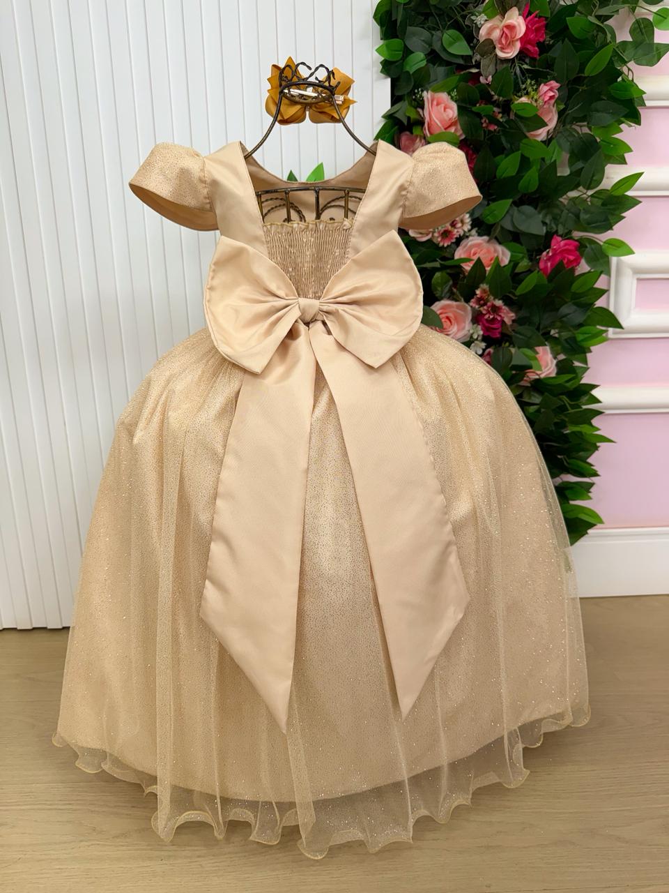Vestido Heloísa Dourado em Tule com Brilho para Daminhas e Ocasiões Especiais