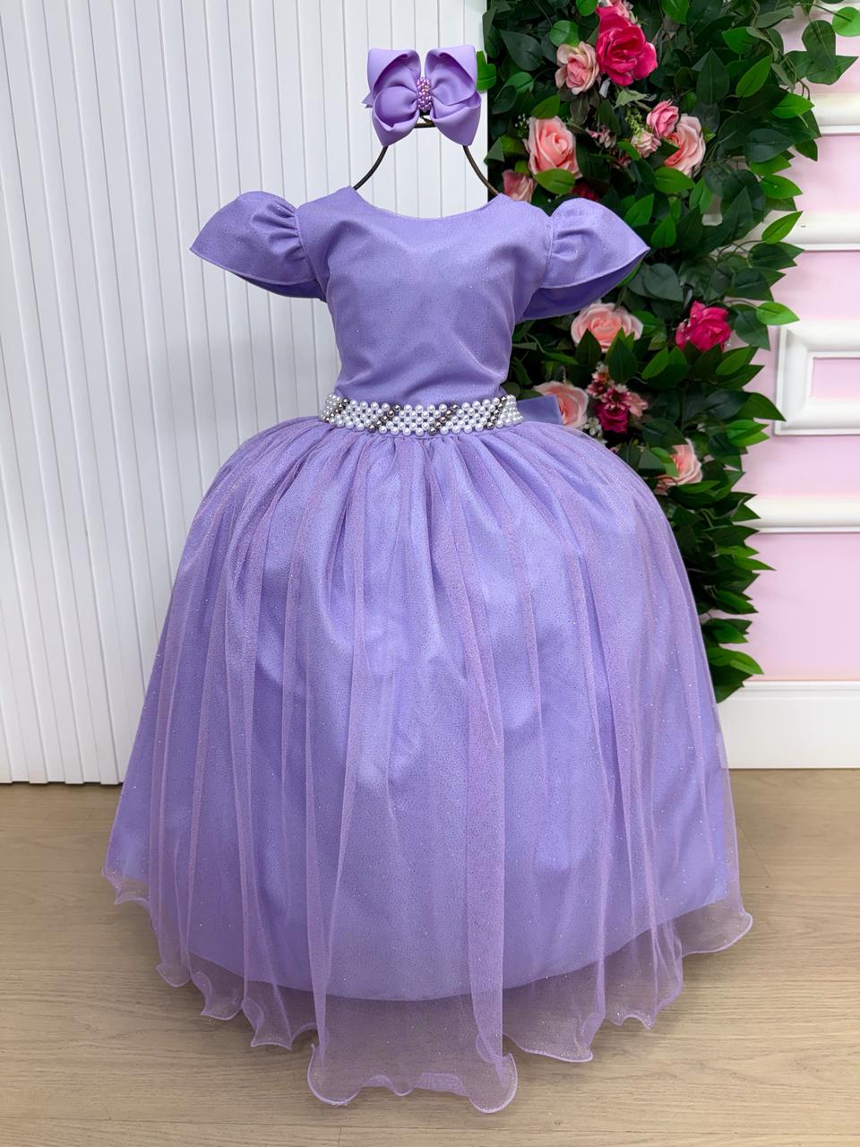 Vestido Heloísa Lilás de Tule com Brilho Suave para Daminhas e Ocasiões Especiais