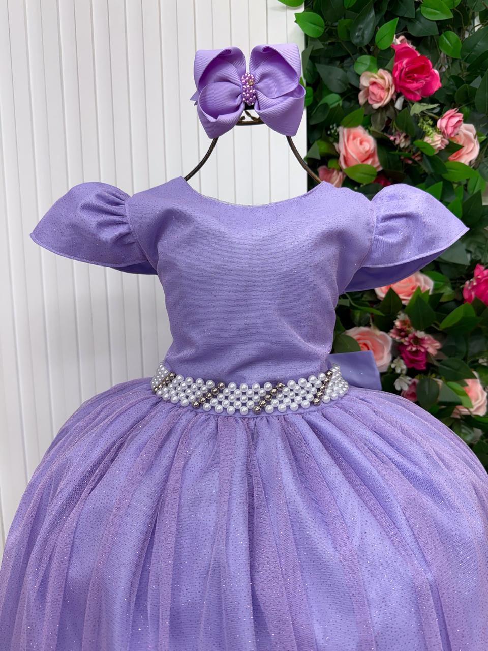 Vestido Heloísa Lilás de Tule com Brilho Suave para Daminhas e Ocasiões Especiais