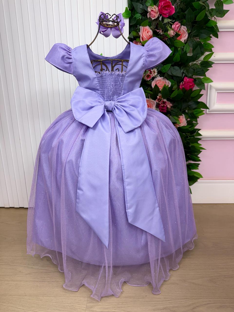 Vestido Heloísa Lilás de Tule com Brilho Suave para Daminhas e Ocasiões Especiais
