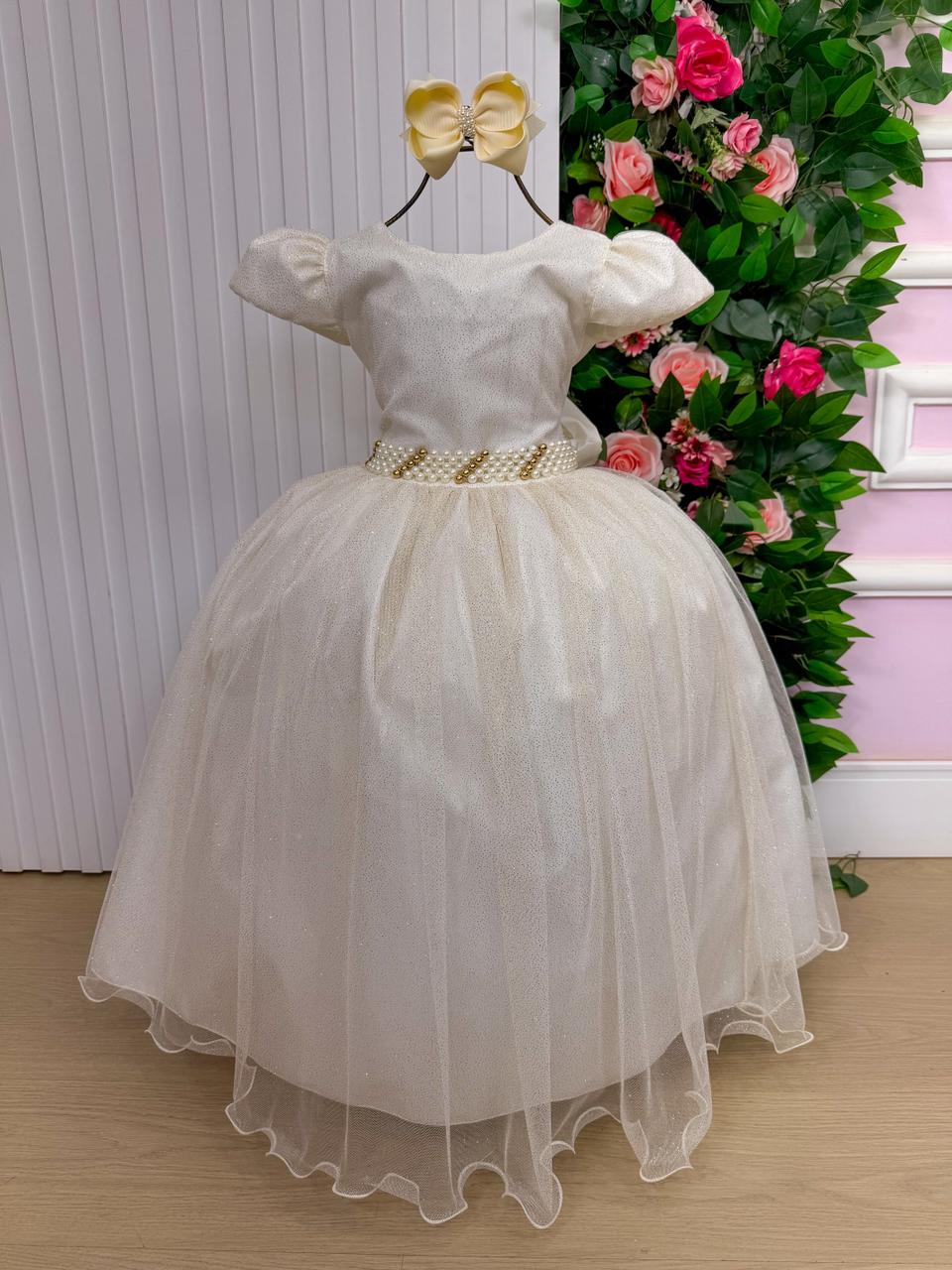Vestido Heloísa Off em Tule com Brilho Suave para Daminhas e Ocasiões Especiais