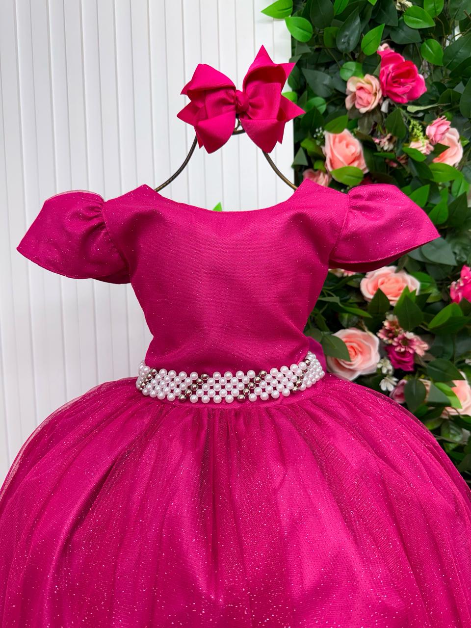 Vestido Heloísa Rosa em Tule com Brilho para Festas Infantis