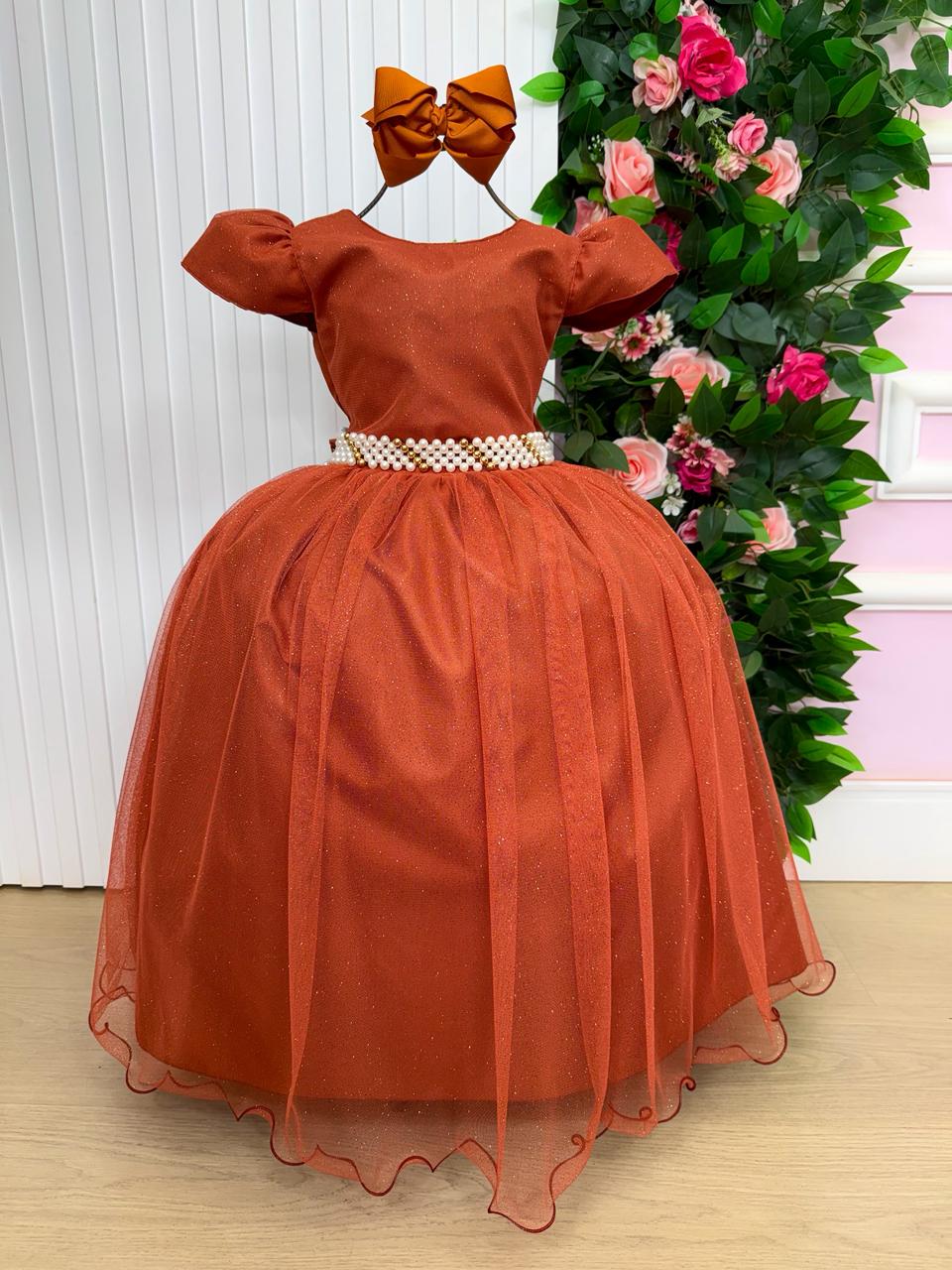 Vestido Heloísa de Tule com Brilho Suave Terracota para Daminhas