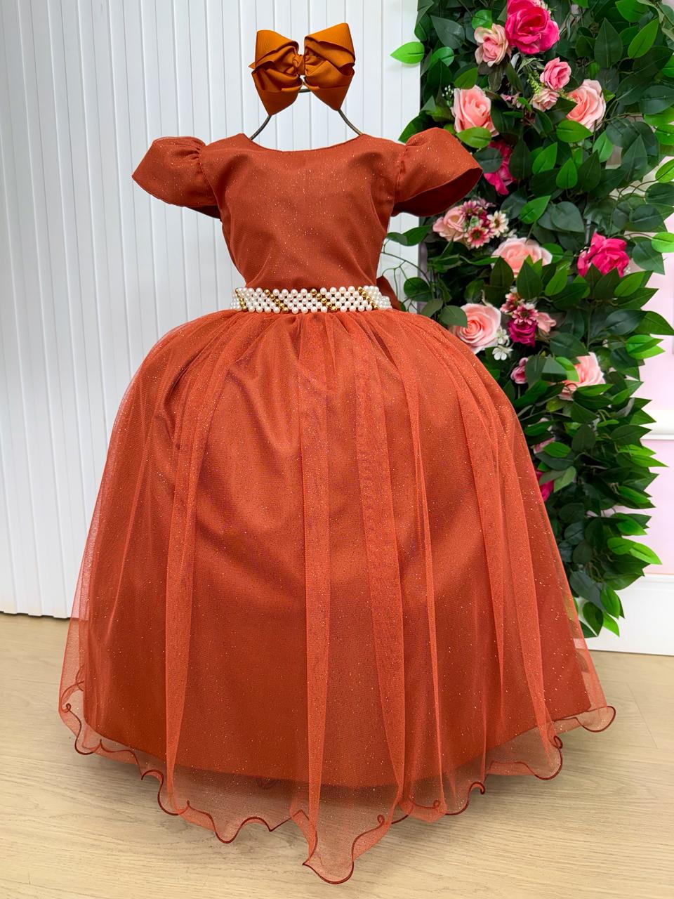 Vestido Heloísa de Tule com Brilho Suave Terracota para Daminhas