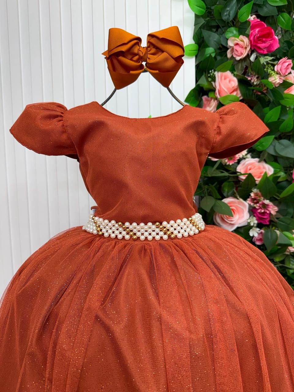 Vestido Heloísa de Tule com Brilho Suave Terracota para Daminhas