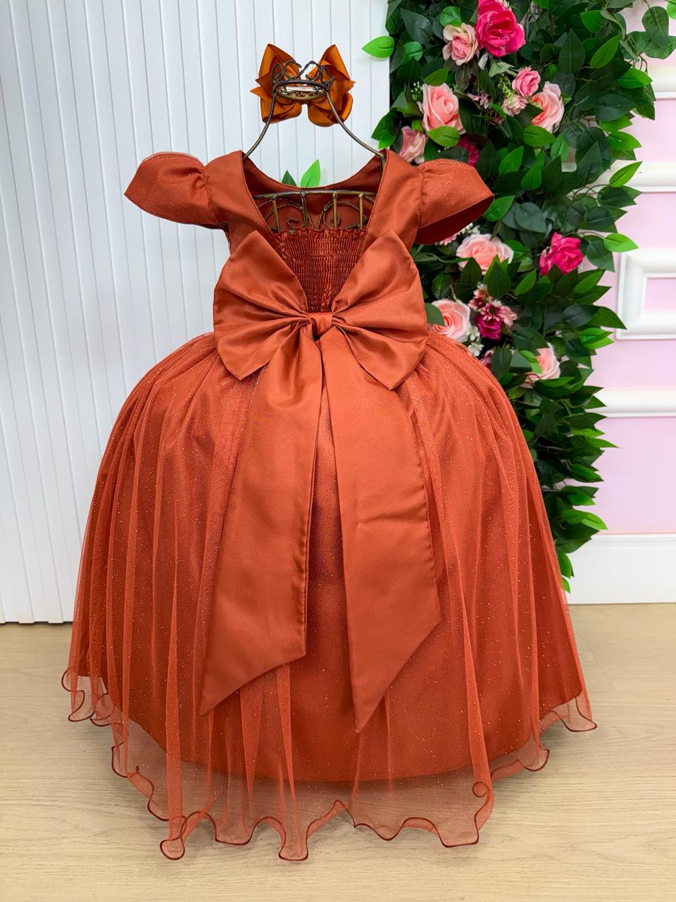 Vestido Heloísa de Tule com Brilho Suave Terracota para Daminhas
