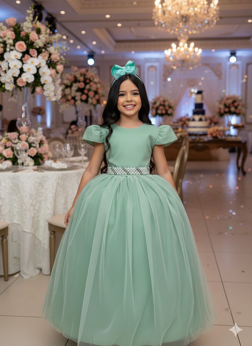 Vestido Heloísa em Tule Brilhante Verde Oliva para Daminhas