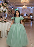 Vestido Heloísa em Tule Brilhante Verde Oliva para Daminhas