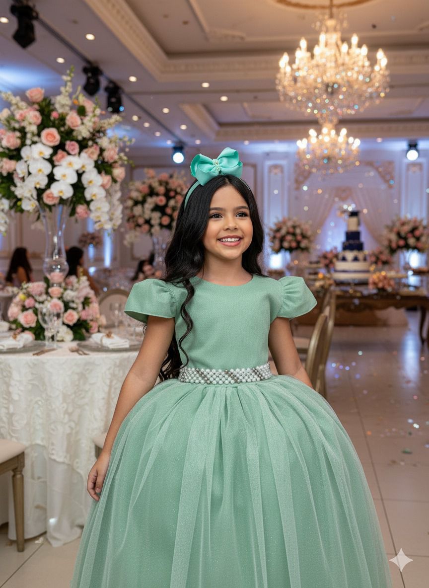 Vestido Heloísa em Tule Brilhante Verde Oliva para Daminhas