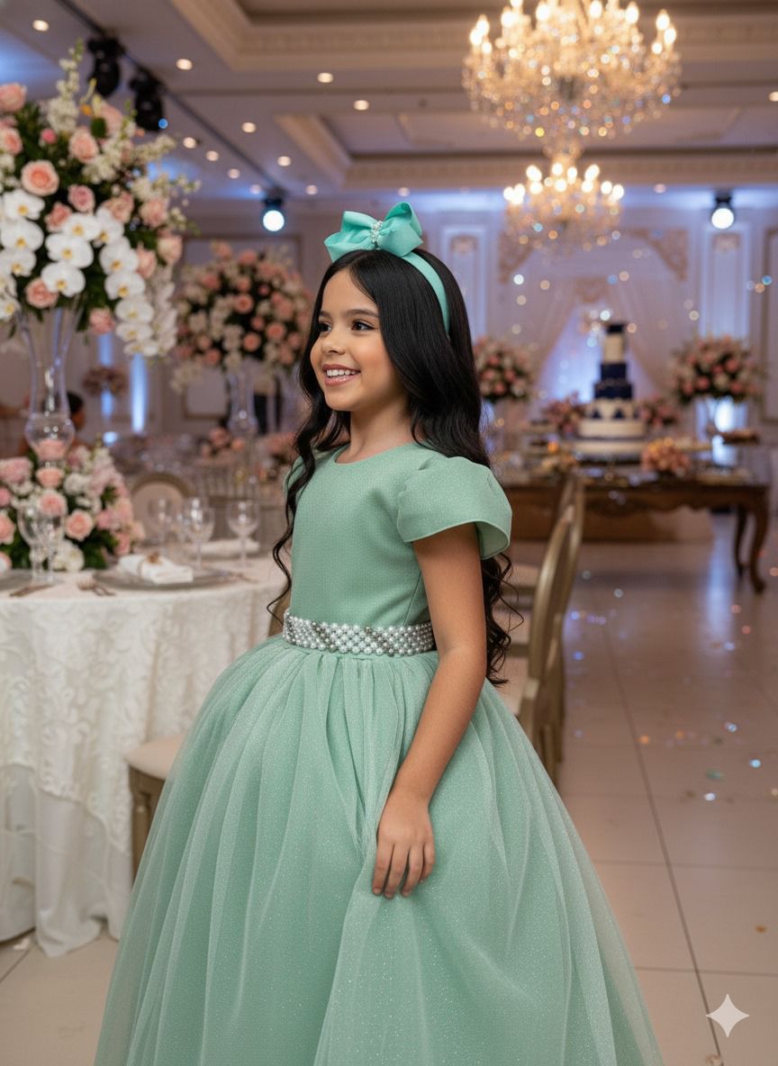 Vestido Heloísa em Tule Brilhante Verde Oliva para Daminhas