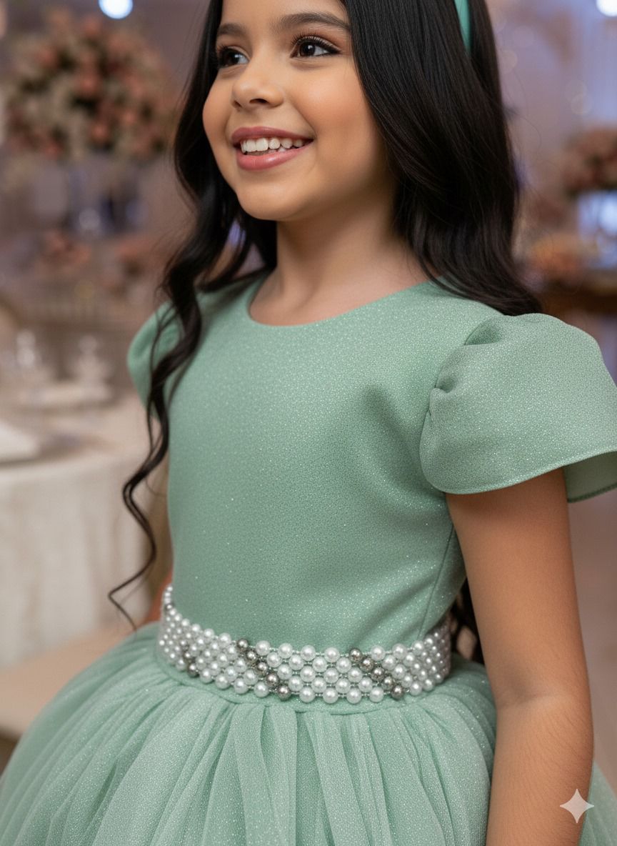 Vestido Heloísa em Tule Brilhante Verde Oliva para Daminhas