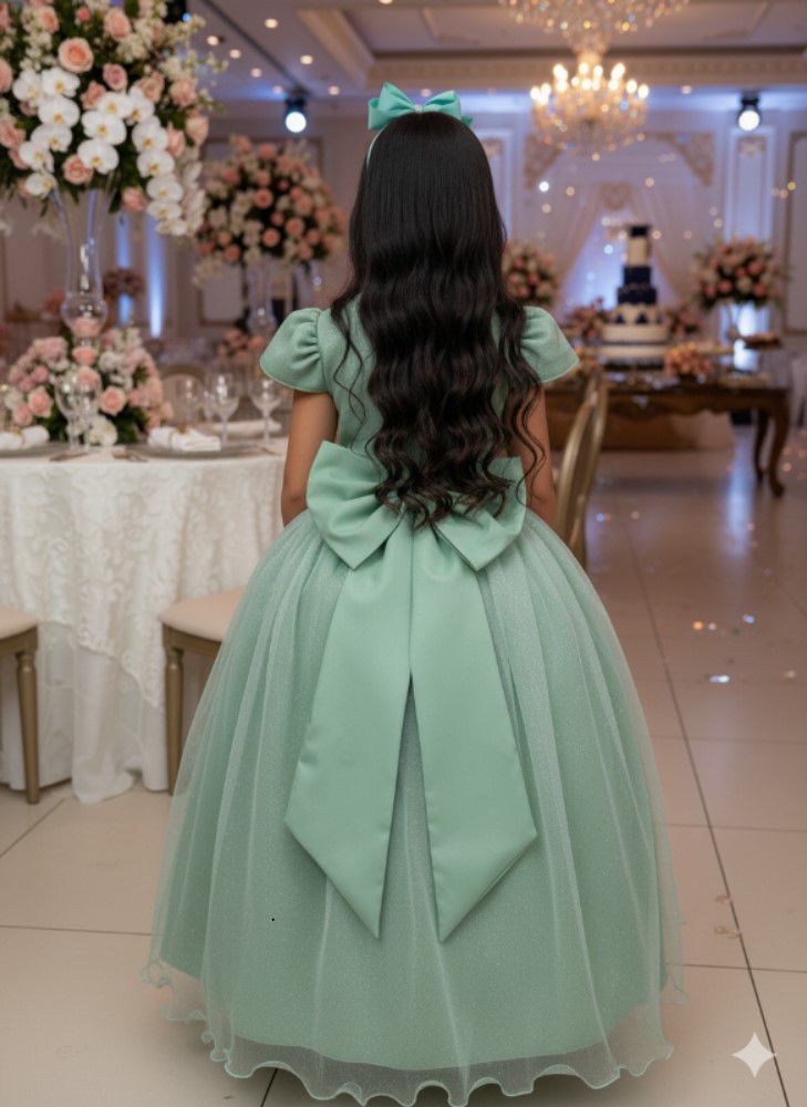 Vestido Heloísa em Tule Brilhante Verde Oliva para Daminhas