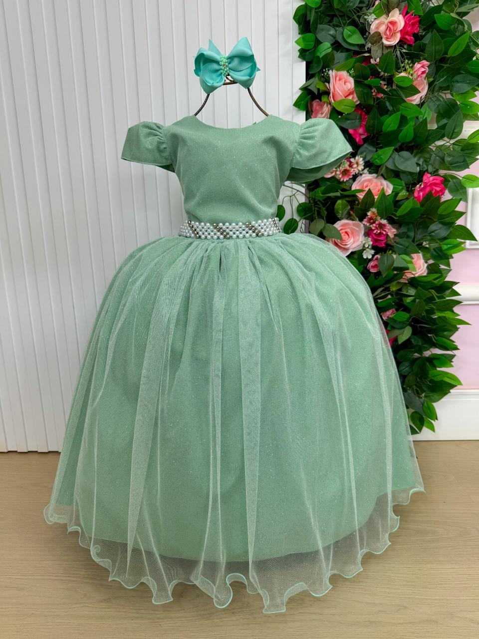 Vestido Heloísa em Tule Brilhante Verde Oliva para Daminhas
