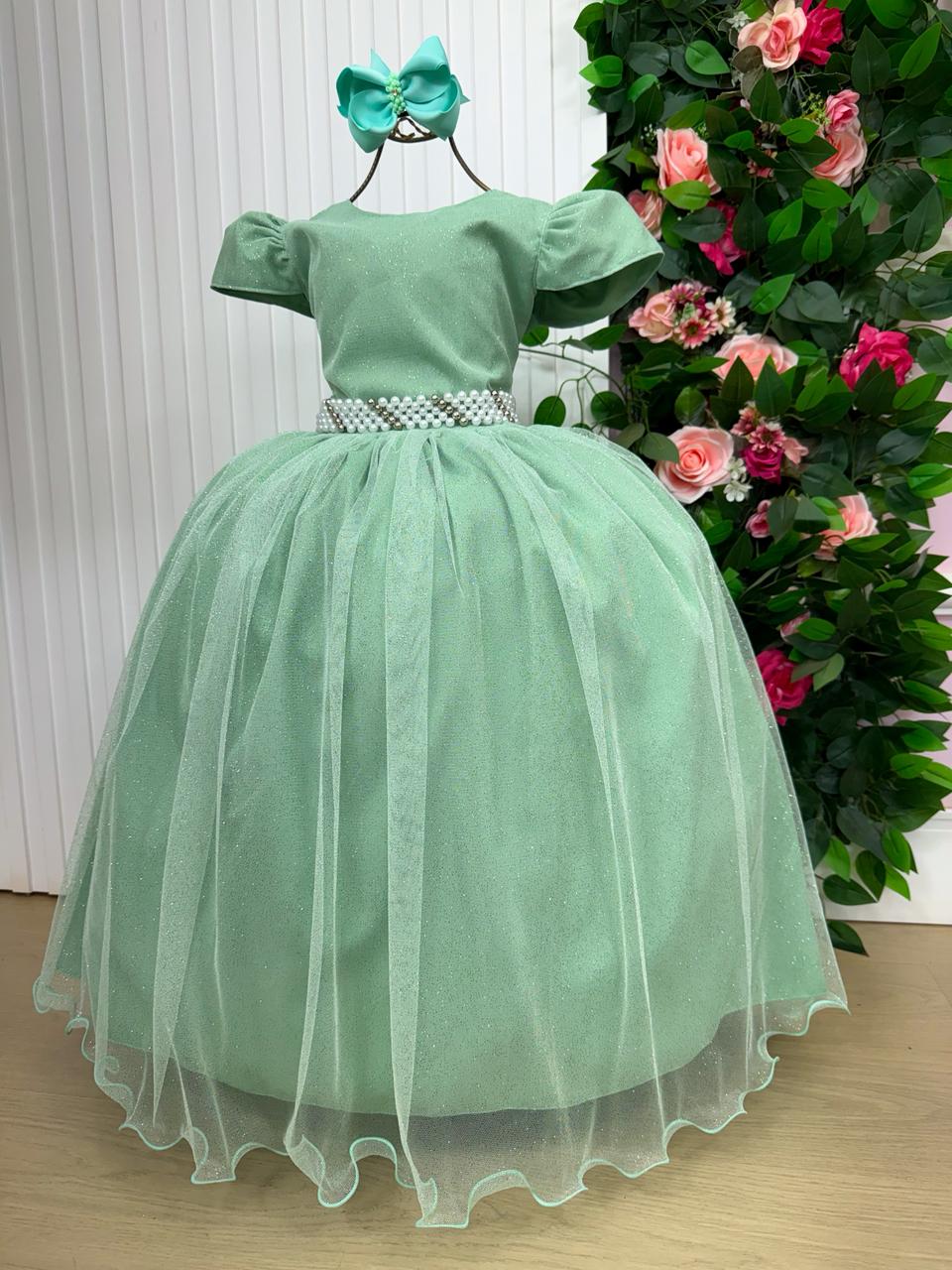 Vestido Heloísa em Tule Brilhante Verde Oliva para Daminhas