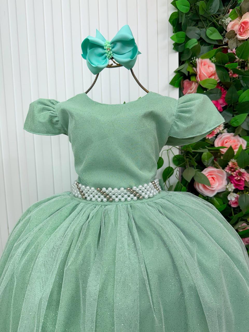 Vestido Heloísa em Tule Brilhante Verde Oliva para Daminhas