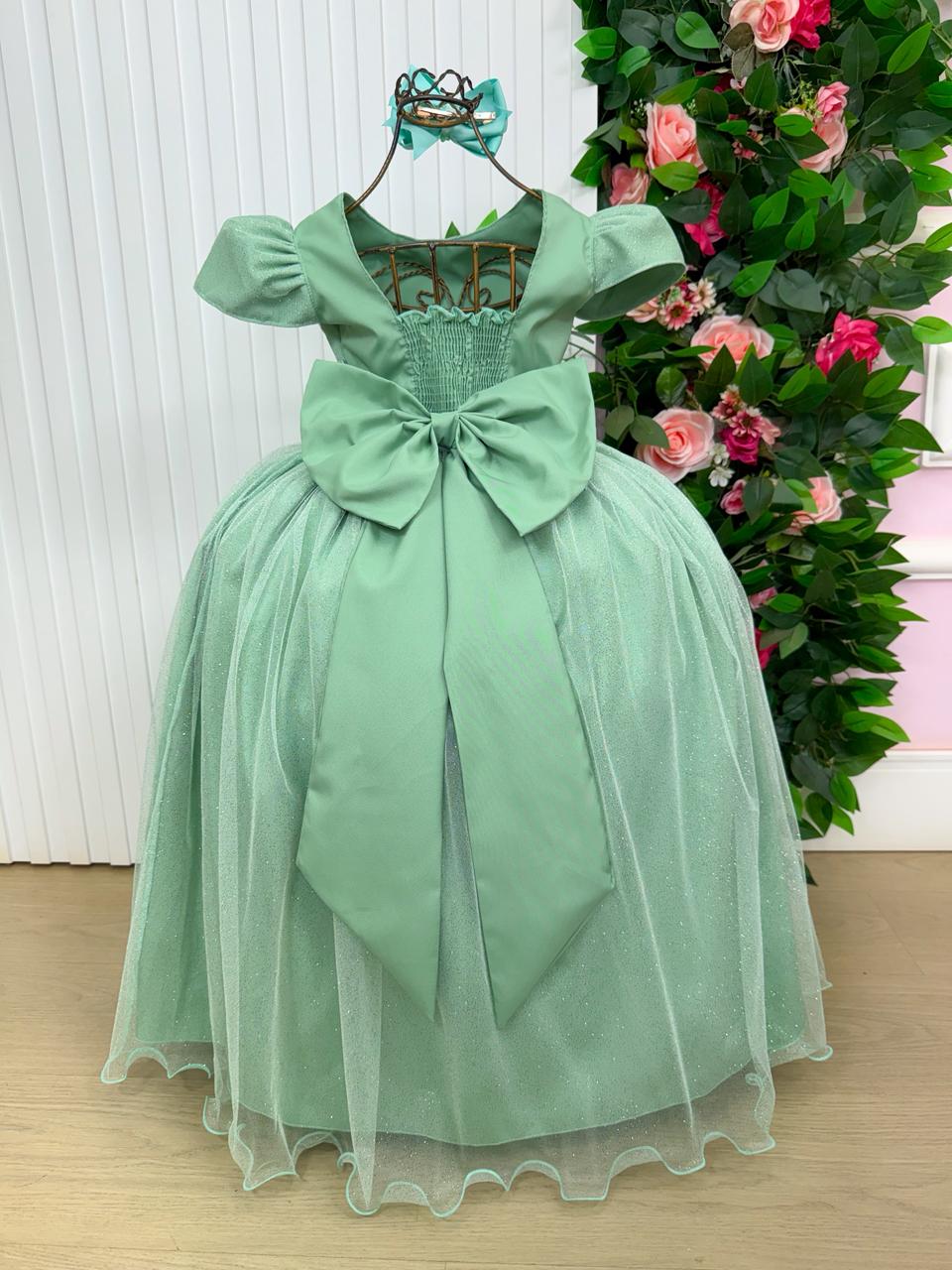 Vestido Heloísa em Tule Brilhante Verde Oliva para Daminhas