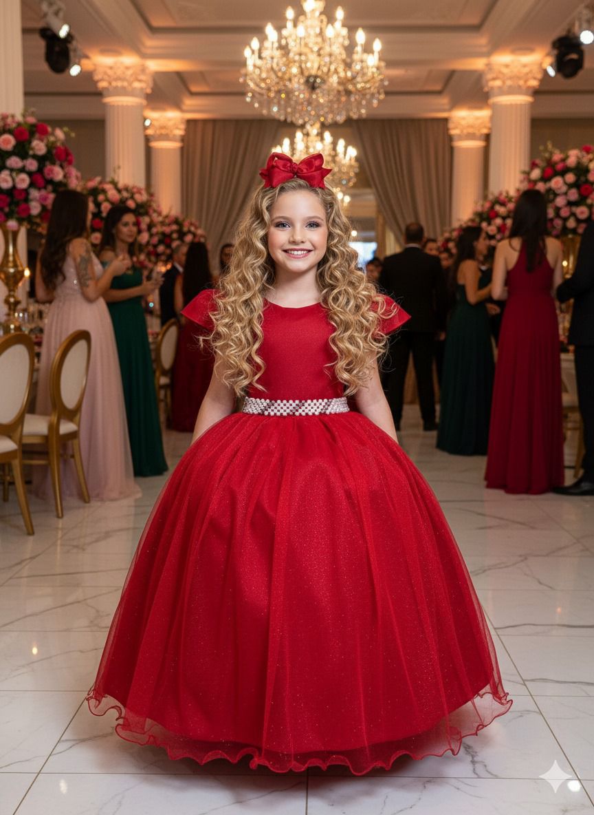 Vestido Heloísa Vermelho em Tule com Brilho para Momentos Especiais