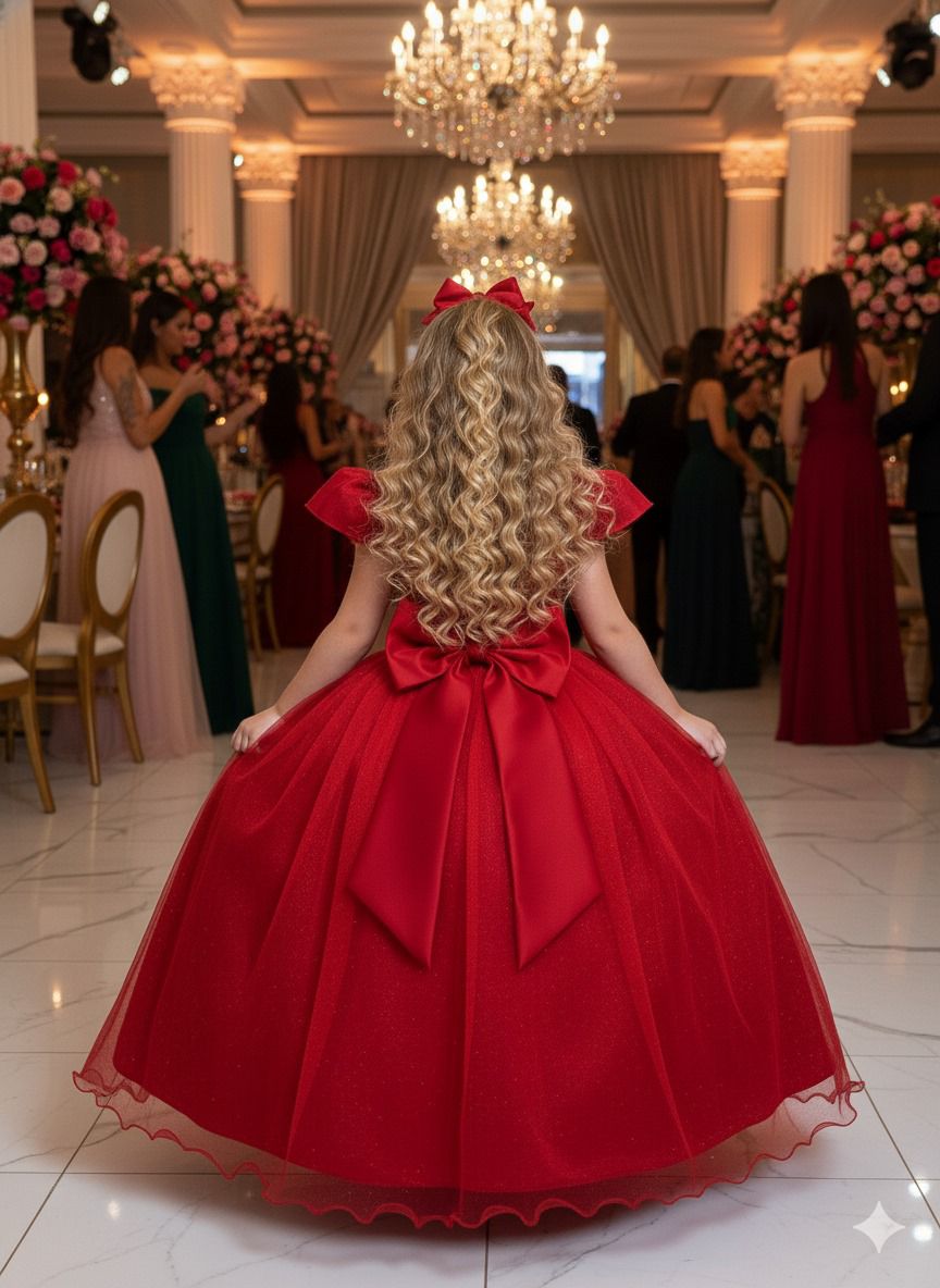 Vestido Heloísa Vermelho em Tule com Brilho para Momentos Especiais
