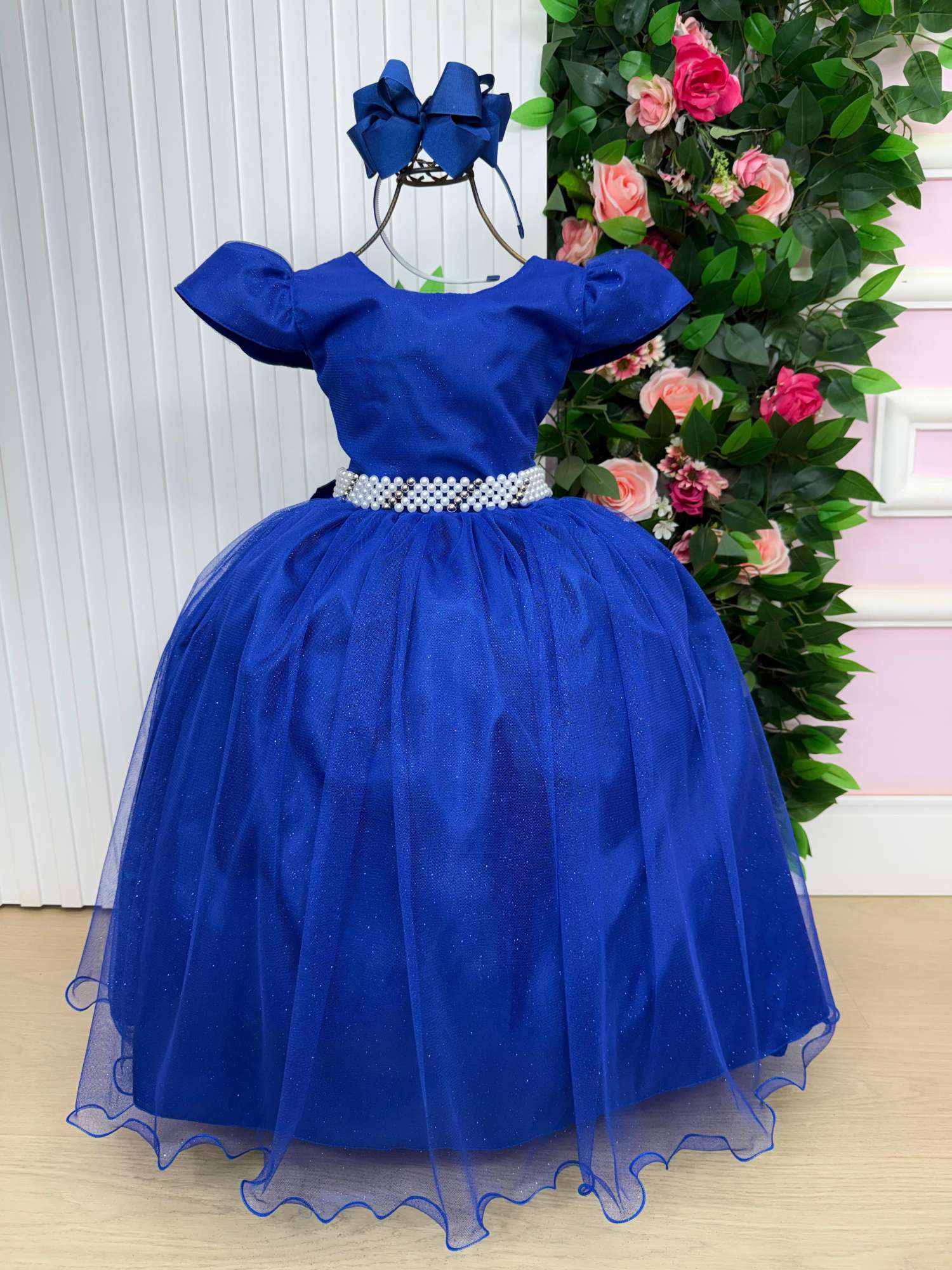 Vestido Heloísa Azul Royal em Tule com Brilho Suave para Daminhas