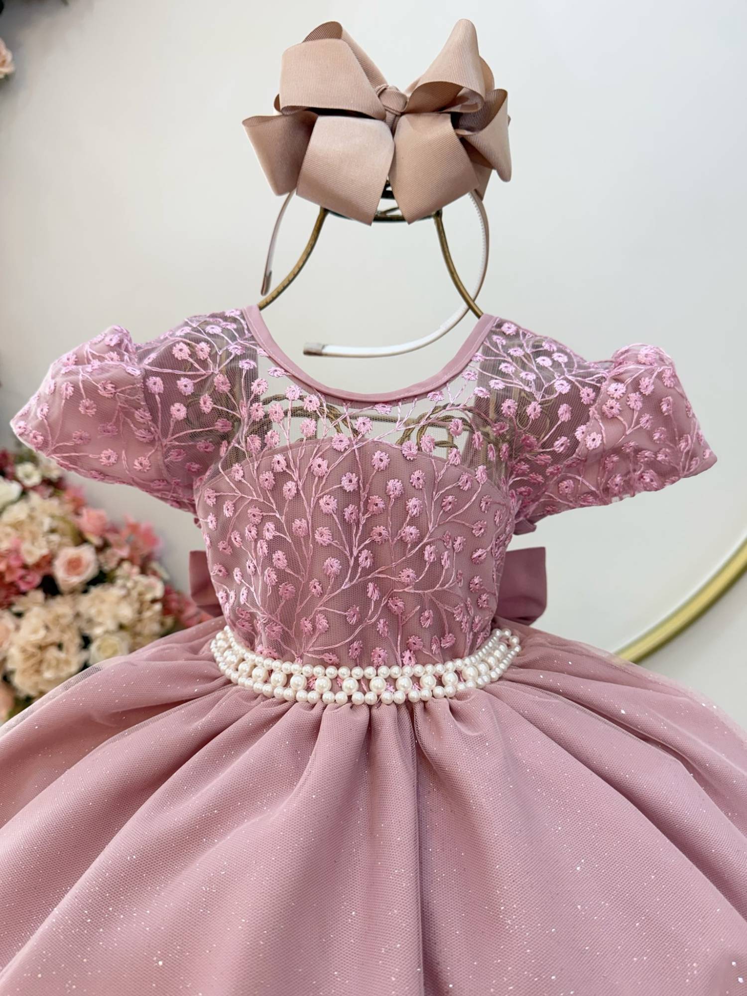 Vestido Infantil Rose Tule Bordado com Glitter Daminhas