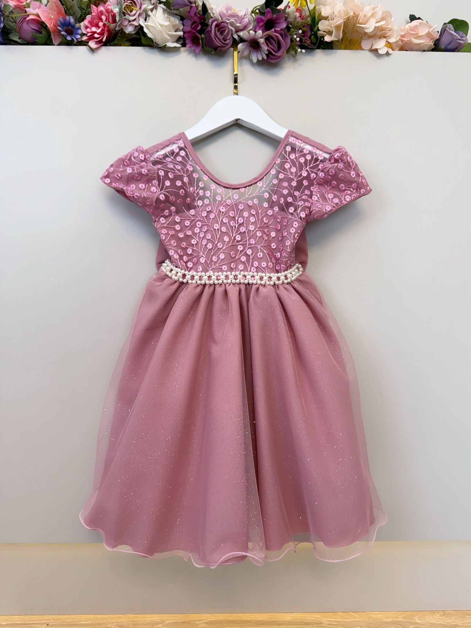 Vestido Infantil Rose Tule Bordado com Glitter Daminhas