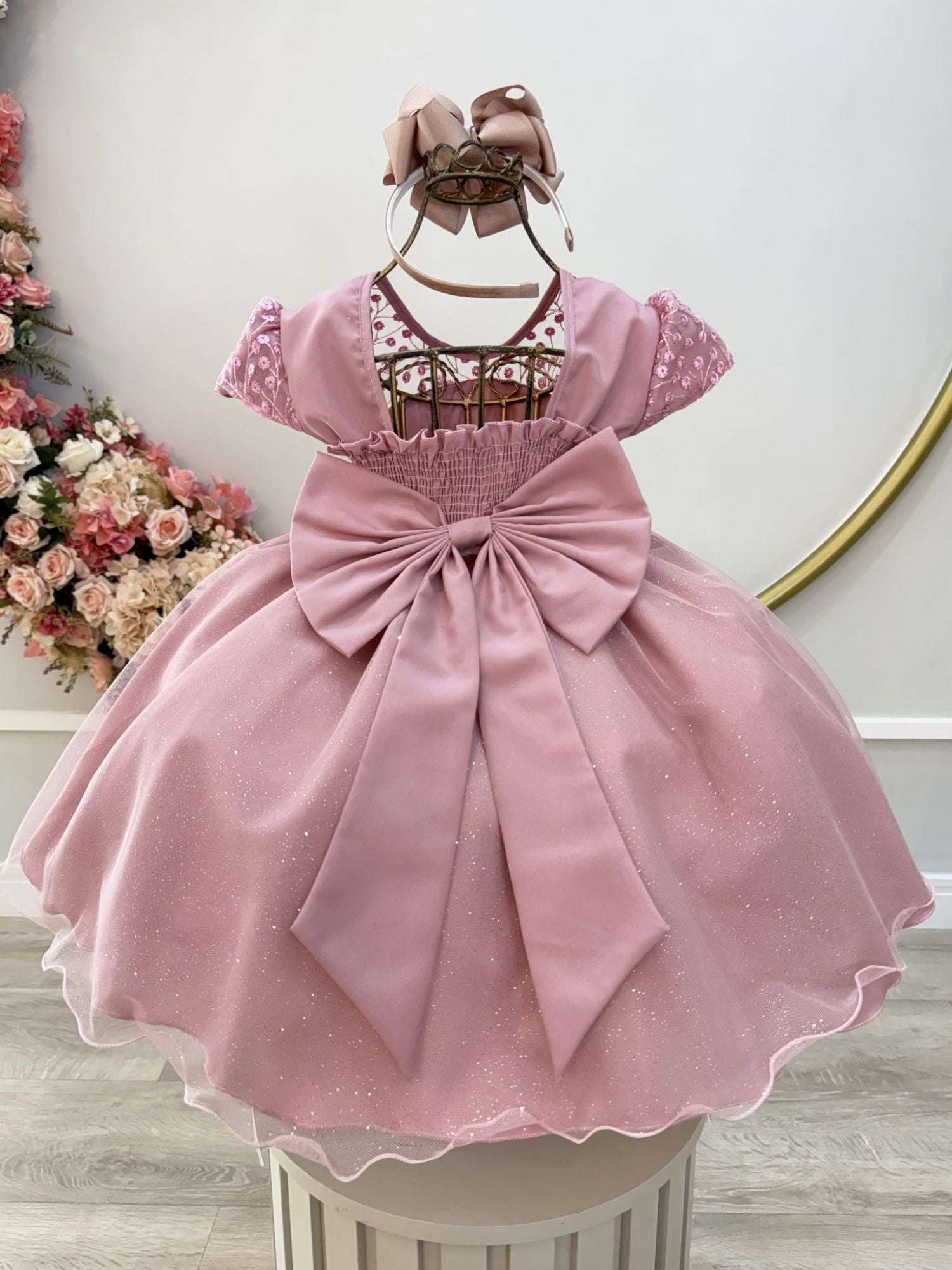 Vestido Infantil Rose Tule Bordado com Glitter Daminhas