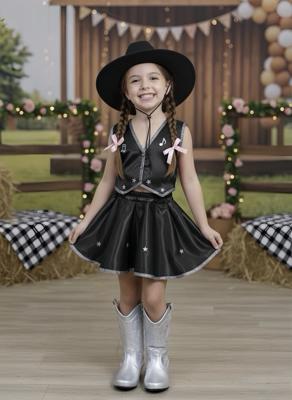 Conjunto Infantil Boiadeira em Cetim com Colete e Saia Godê para Festa Country