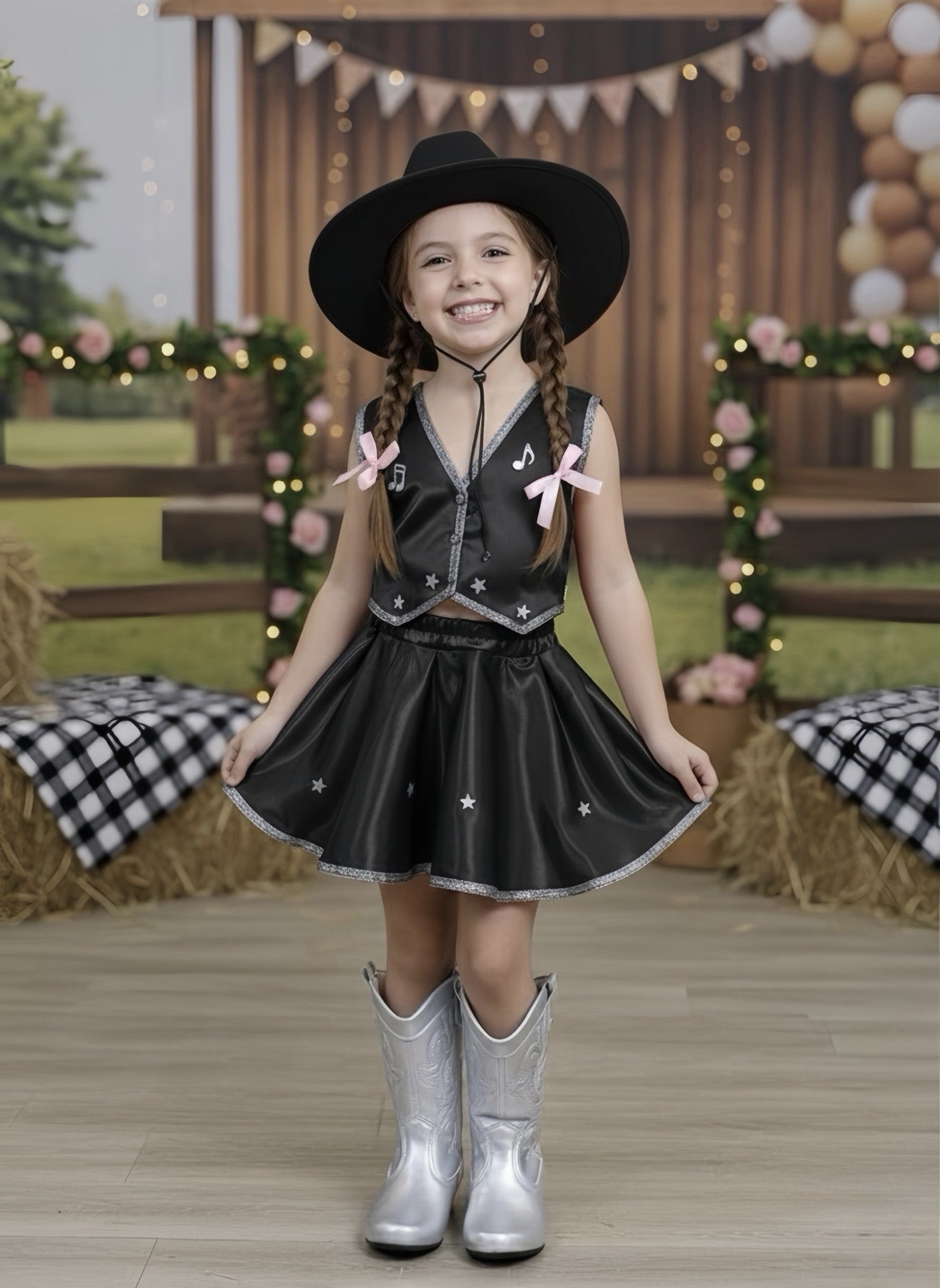 Conjunto Infantil Boiadeira em Cetim com Colete e Saia Godê para Festa Country