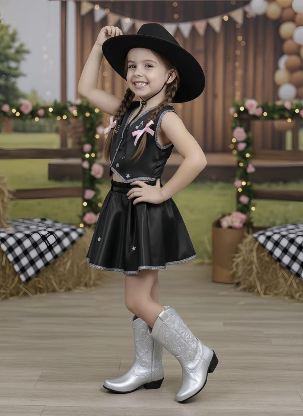 Conjunto Infantil Boiadeira em Cetim com Colete e Saia Godê para Festa Country