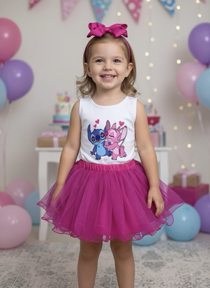 Conjunto Infantil em Tecido Elanca com Body Estampado e Saia Tutu Glitter Rosa