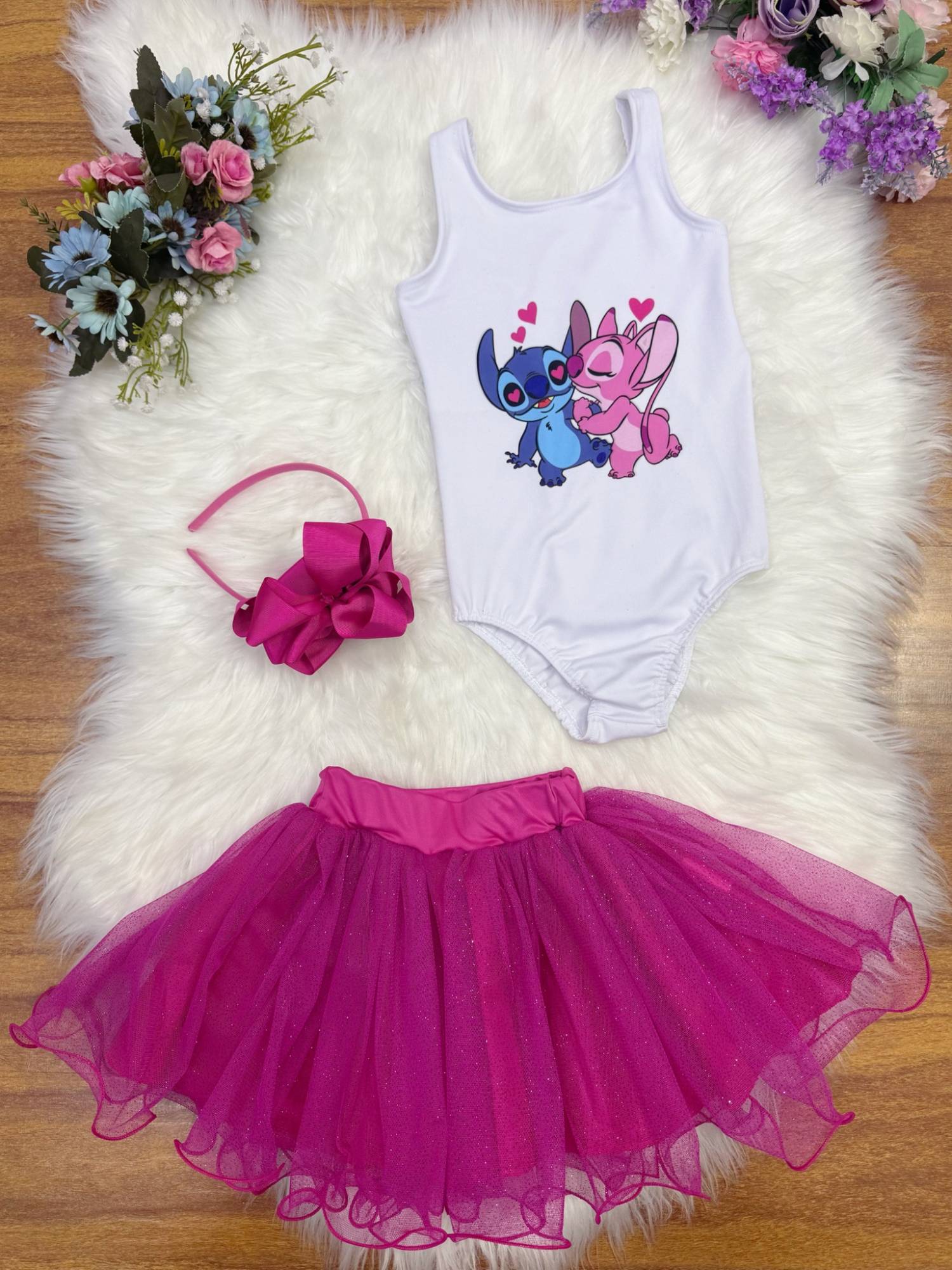 Conjunto Infantil em Tecido Elanca com Body Estampado e Saia Tutu Glitter Rosa