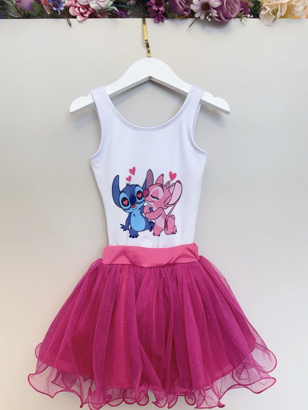Conjunto Infantil em Tecido Elanca com Body Estampado e Saia Tutu Glitter Rosa