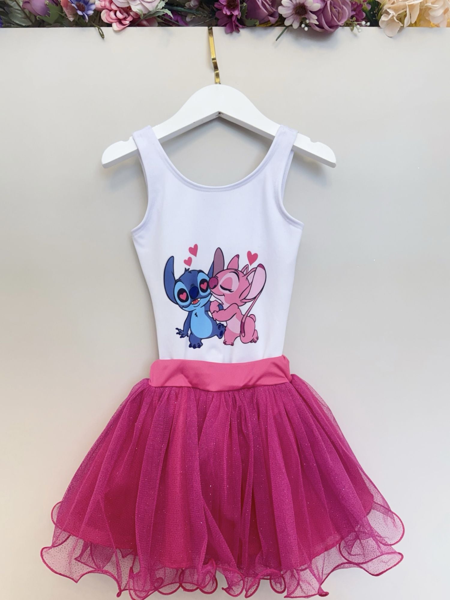 Conjunto Infantil em Tecido Elanca com Body Estampado e Saia Tutu Glitter Rosa