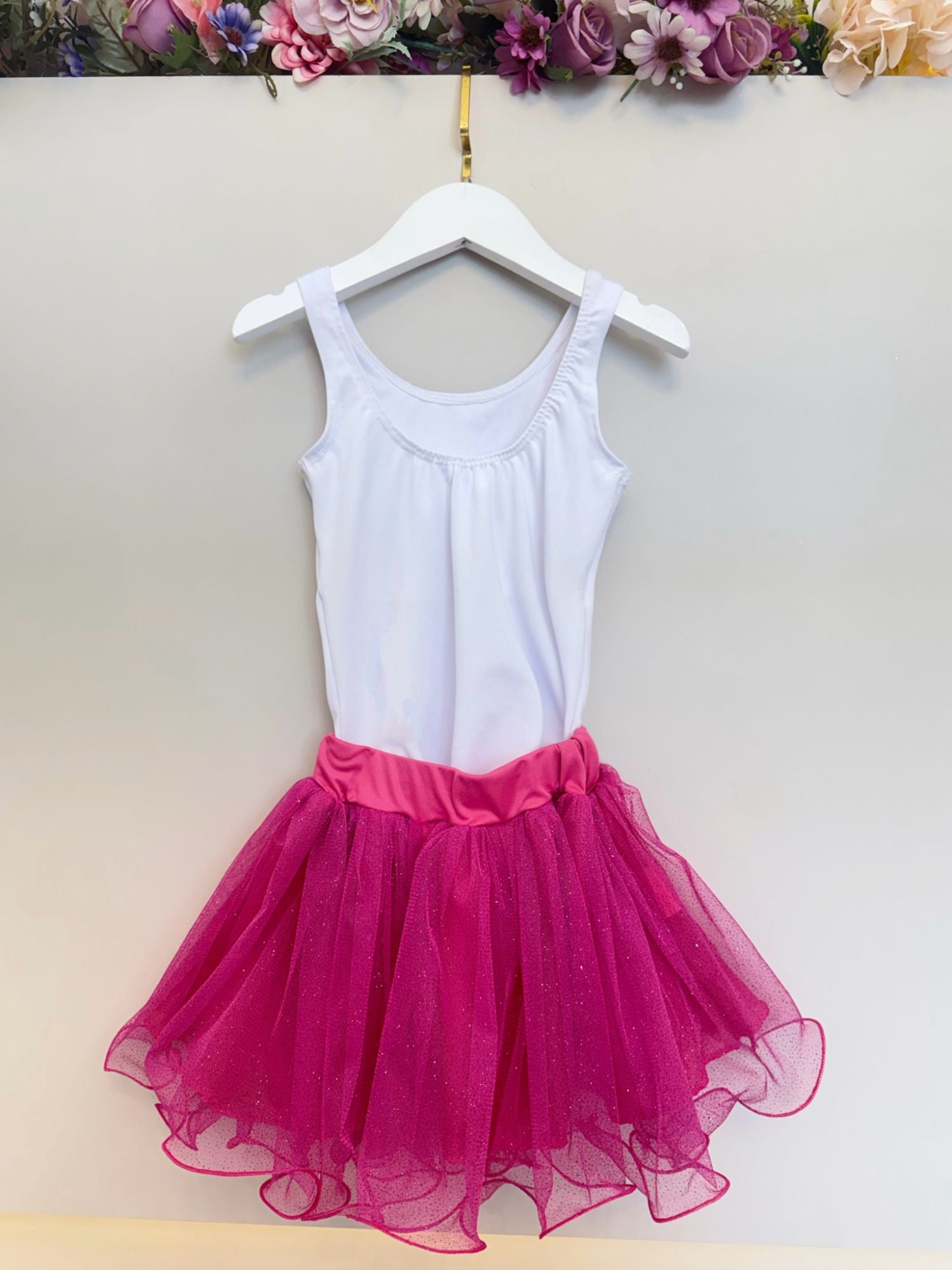 Conjunto Infantil em Tecido Elanca com Body Estampado e Saia Tutu Glitter Rosa