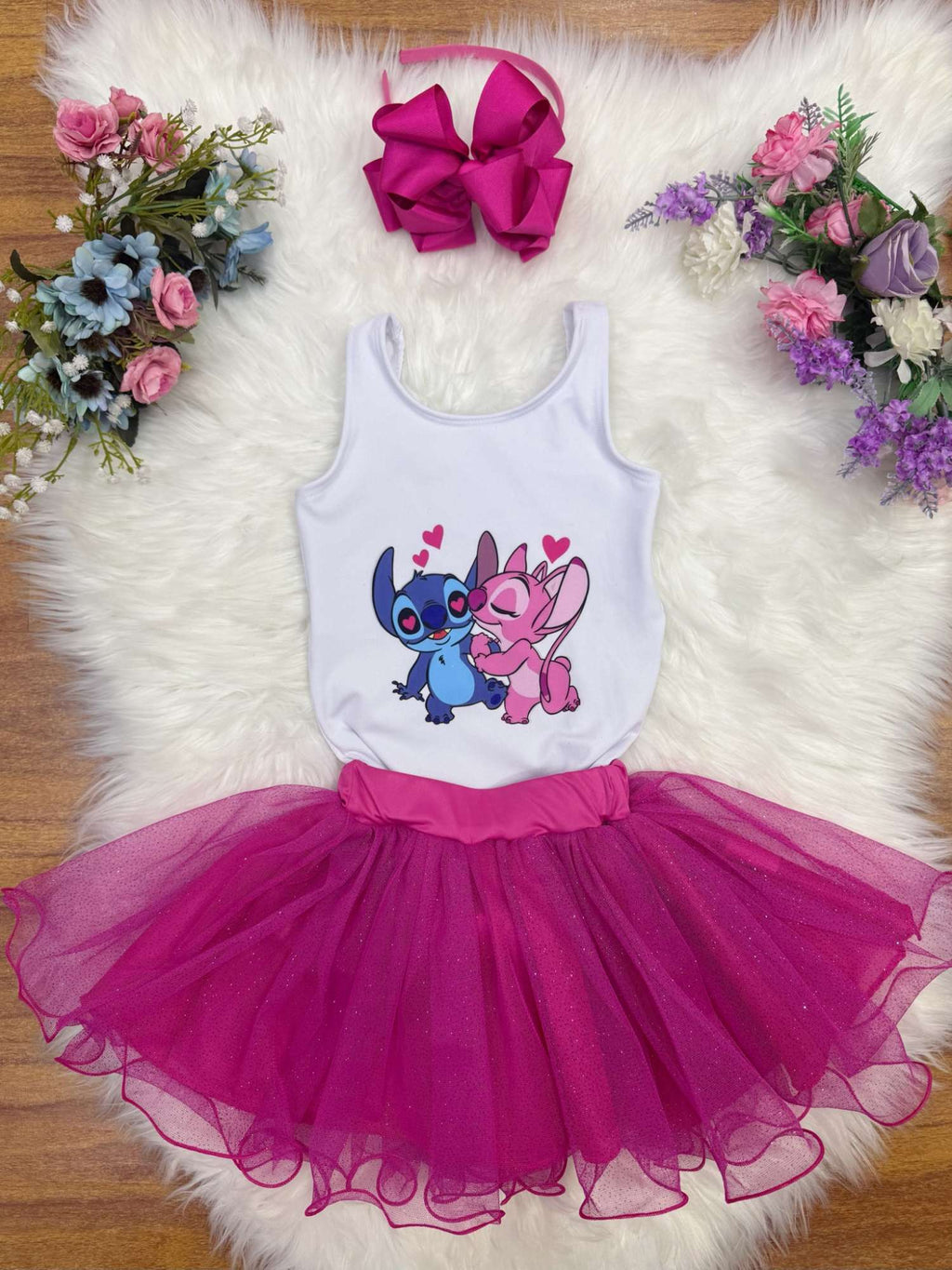 Conjunto Infantil em Tecido Elanca com Body Estampado e Saia Tutu Glitter Rosa