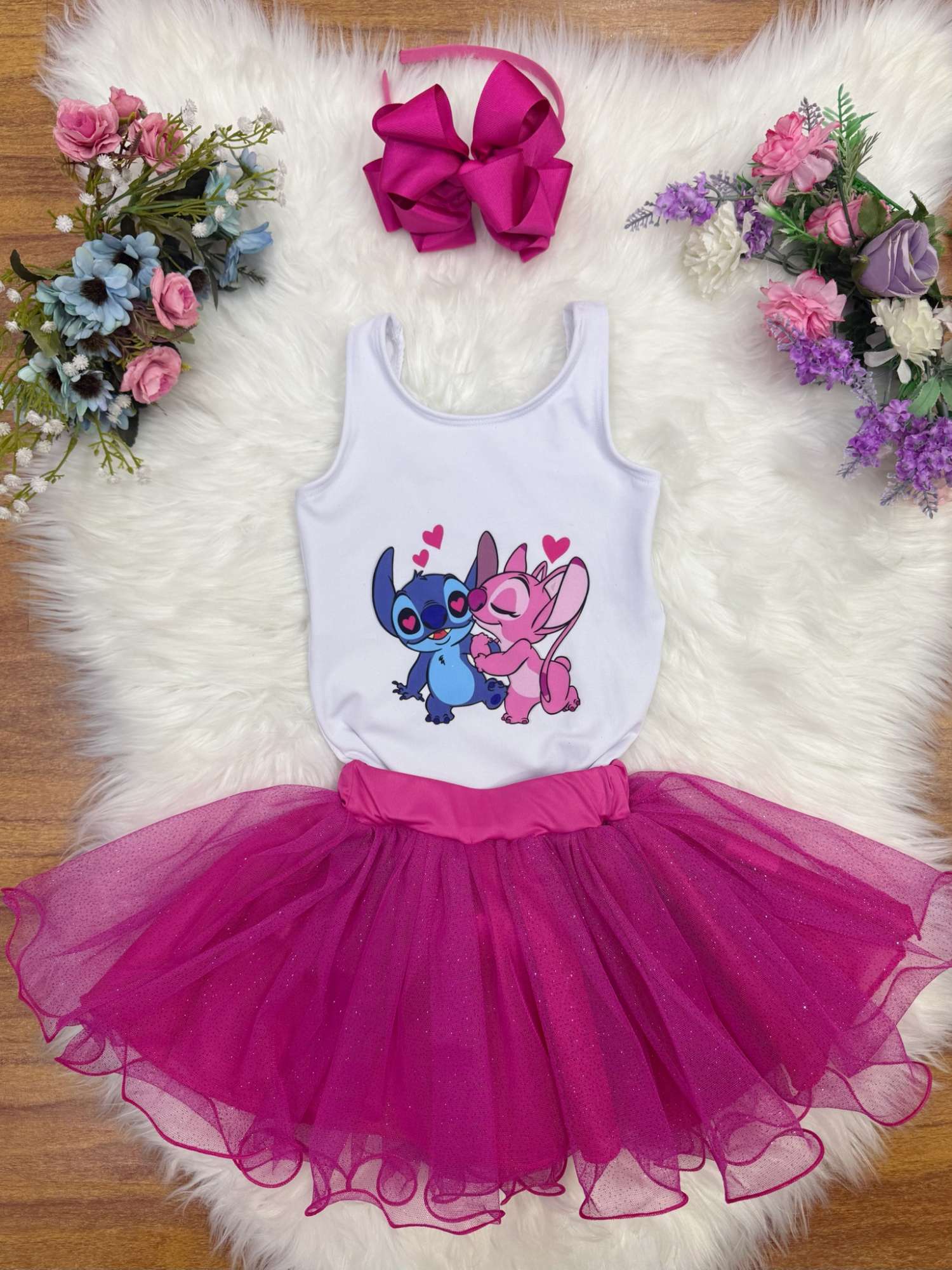Conjunto Infantil em Tecido Elanca com Body Estampado e Saia Tutu Glitter Rosa