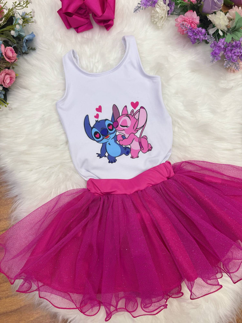 Conjunto Infantil em Tecido Elanca com Body Estampado e Saia Tutu Glitter Rosa