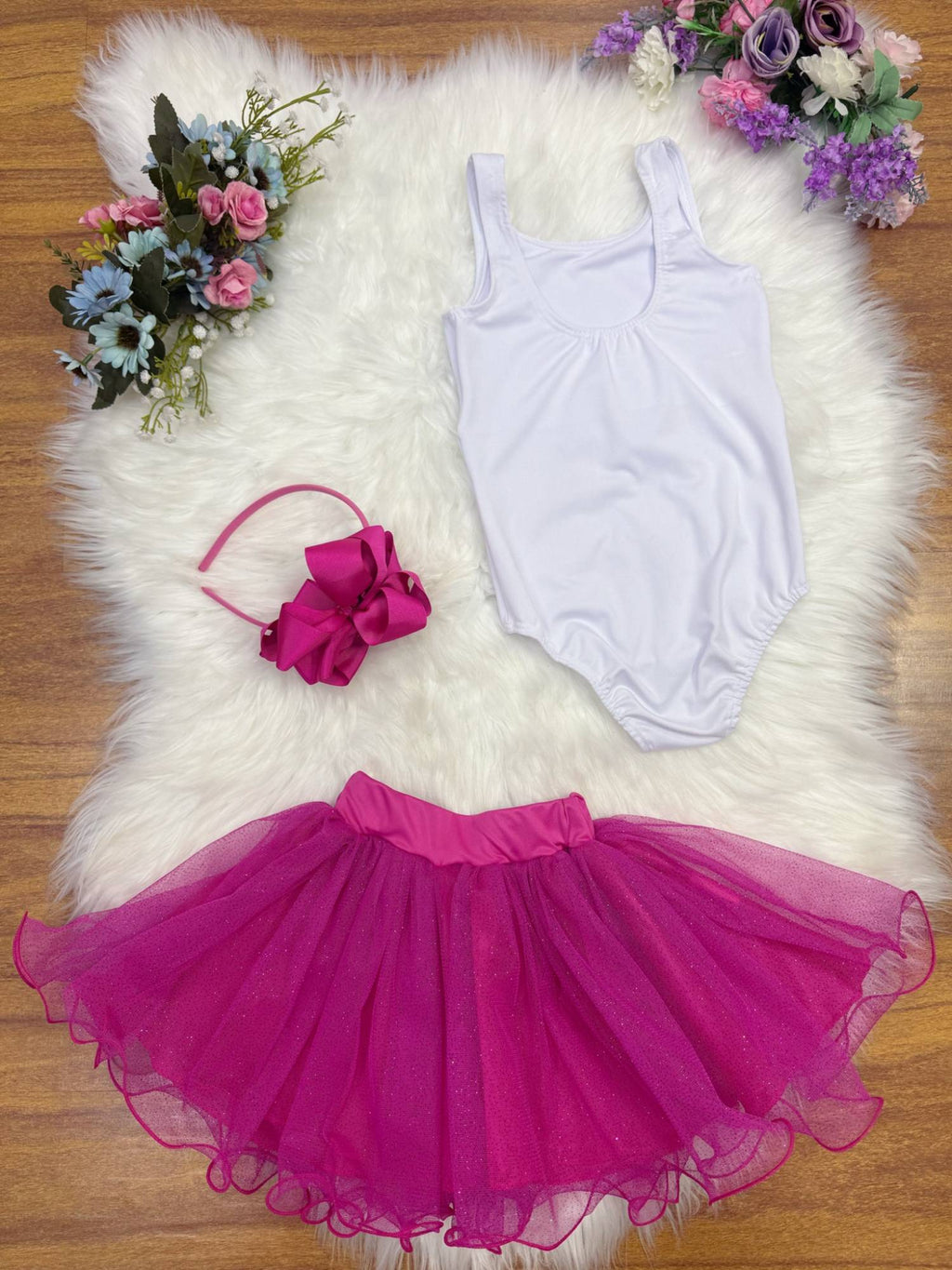 Conjunto Infantil em Tecido Elanca com Body Estampado e Saia Tutu Glitter Rosa