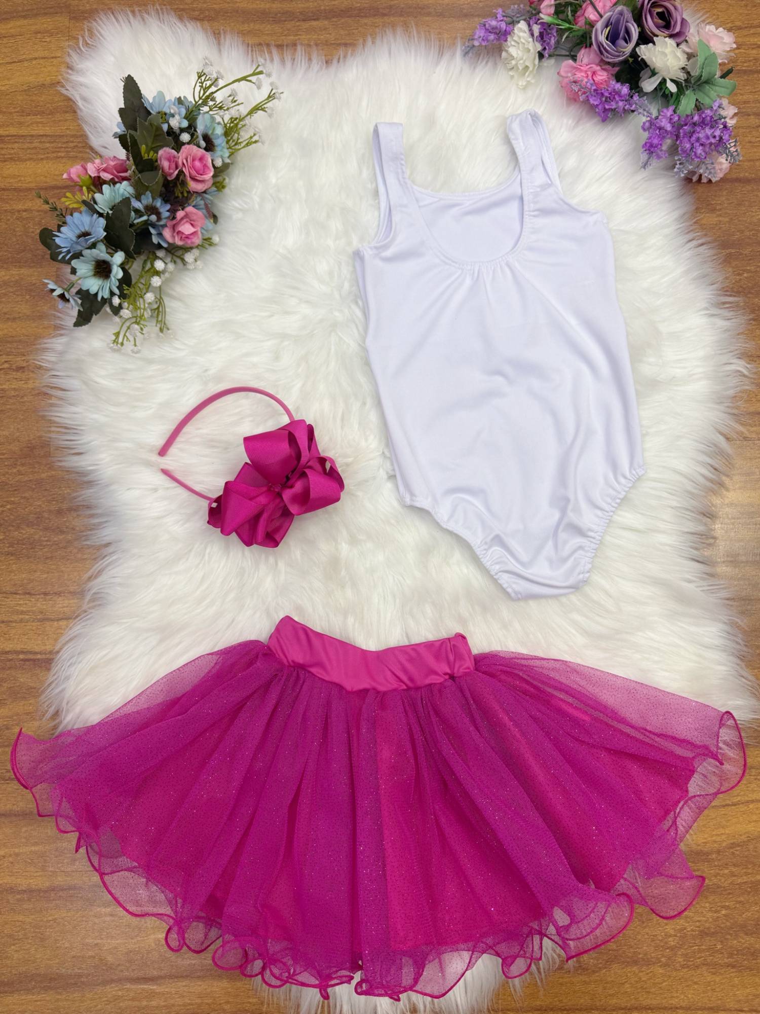 Conjunto Infantil em Tecido Elanca com Body Estampado e Saia Tutu Glitter Rosa