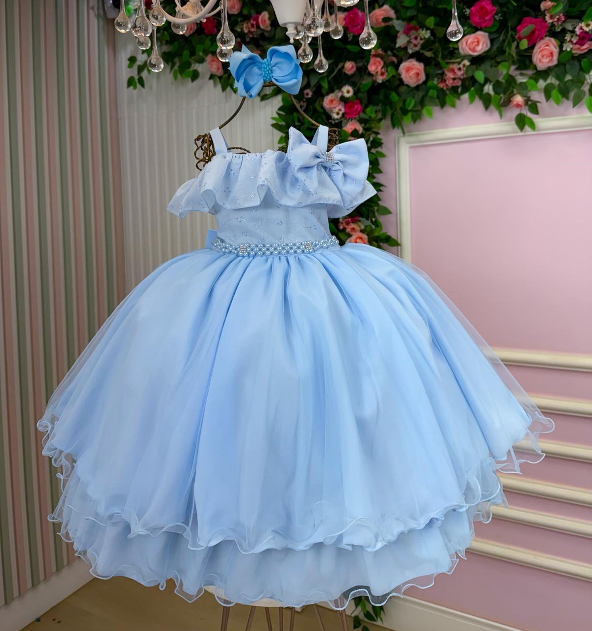 Vestido Infantil Azul Bebê em Poliéster com Detalhes em Lese e Tule