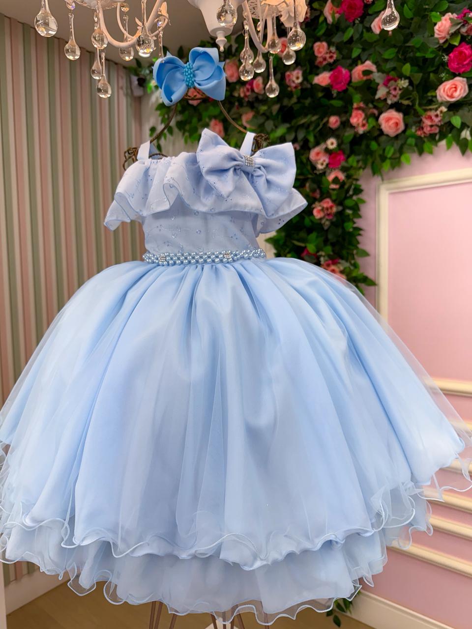 Vestido Infantil Azul Bebê em Poliéster com Detalhes em Lese e Tule