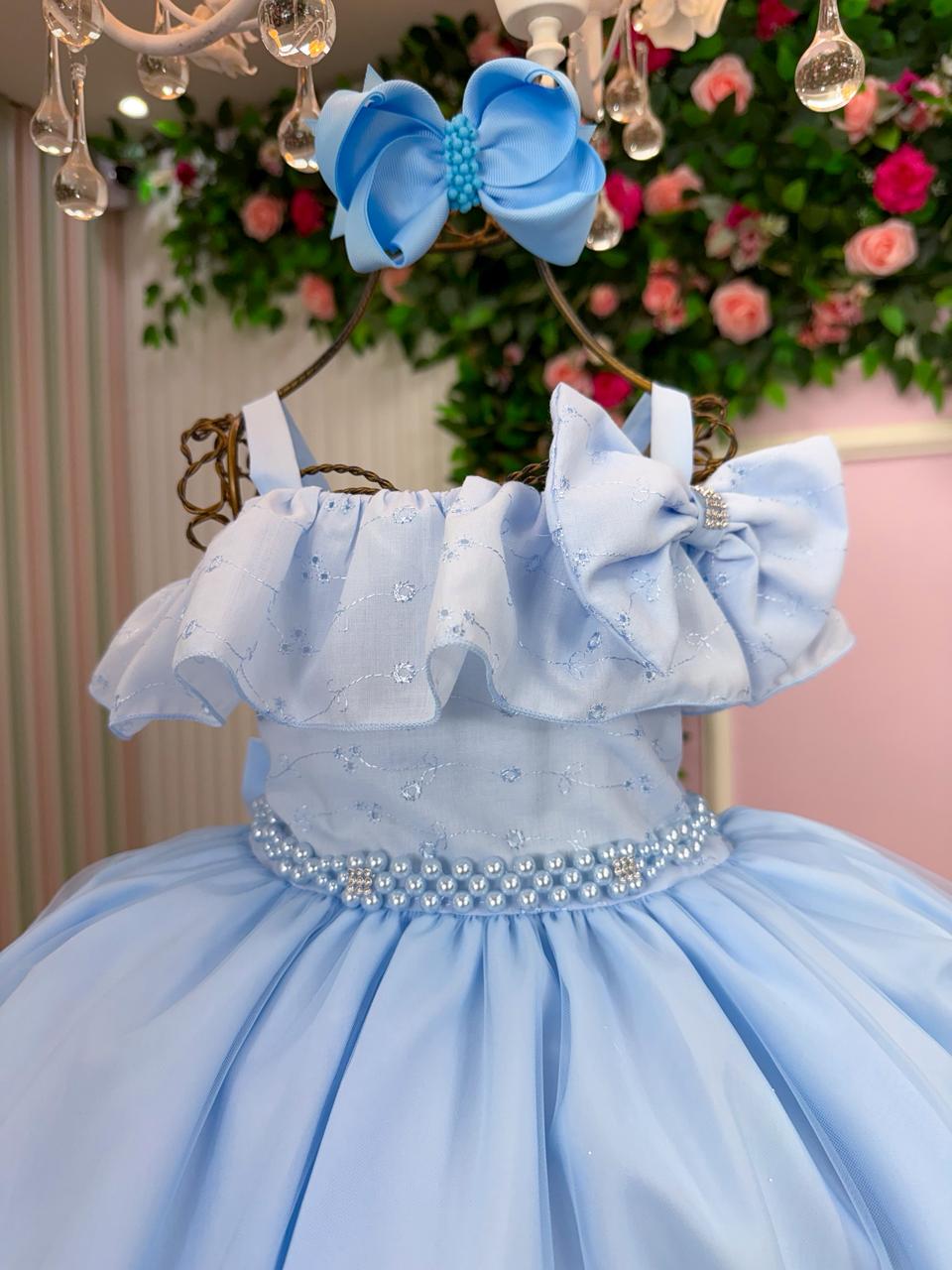 Vestido Infantil Azul Bebê em Poliéster com Detalhes em Lese e Tule