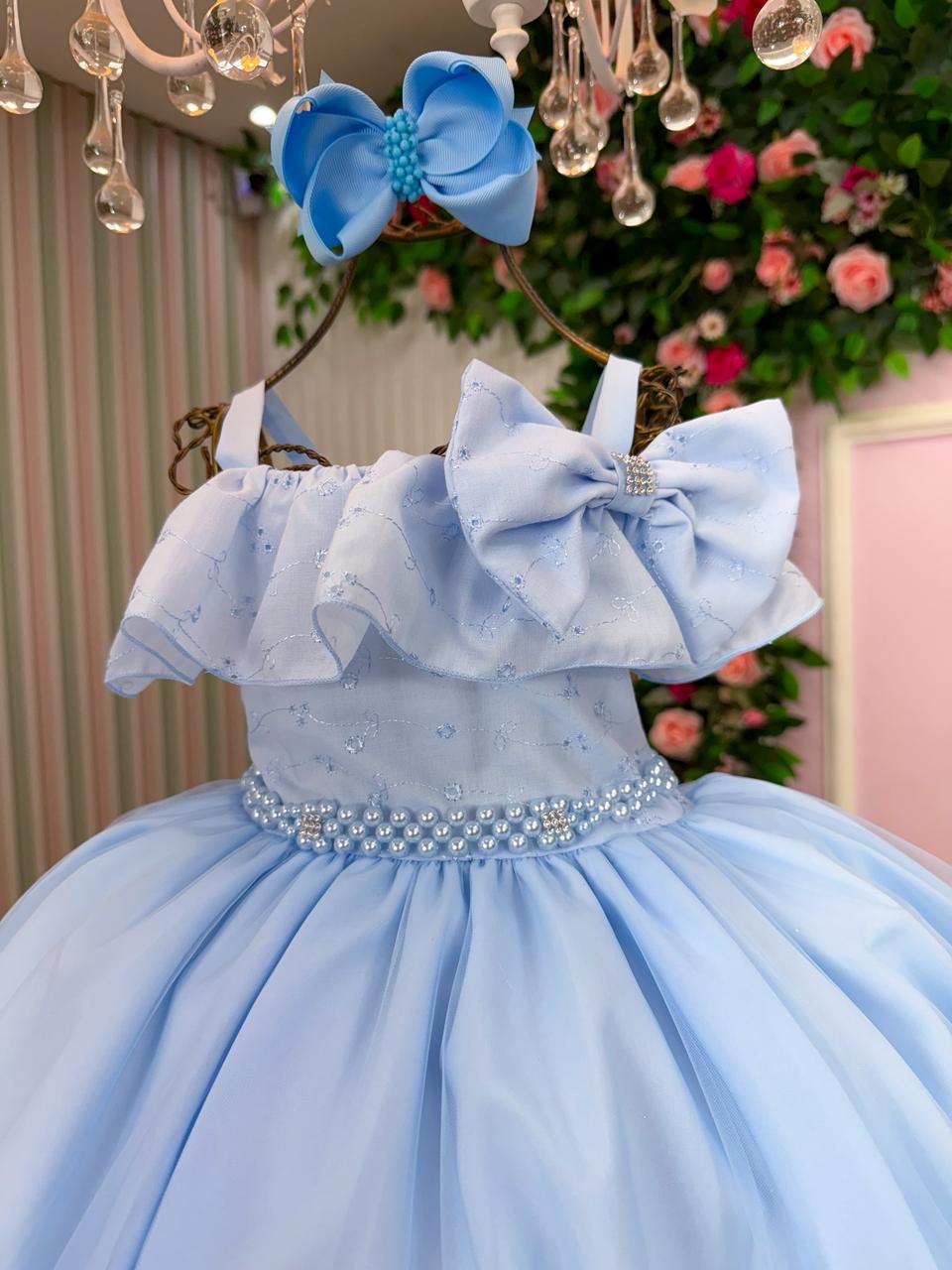 Vestido Infantil Azul Bebê em Poliéster com Detalhes em Lese e Tule