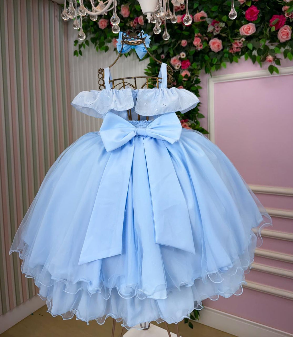 Vestido Infantil Azul Bebê em Poliéster com Detalhes em Lese e Tule