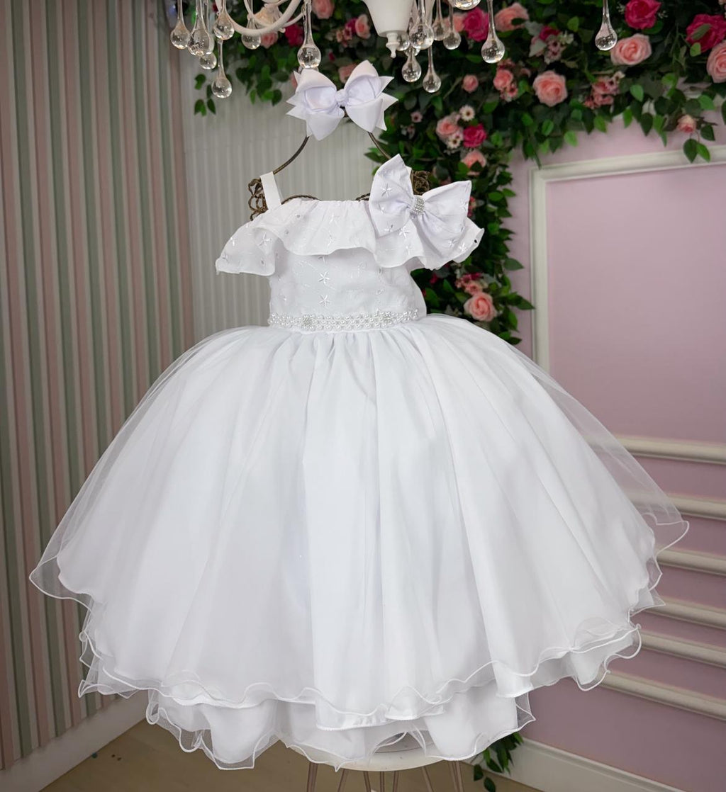 Vestido Infantil Branco em Poliéster com Detalhes em Lese e Tule
